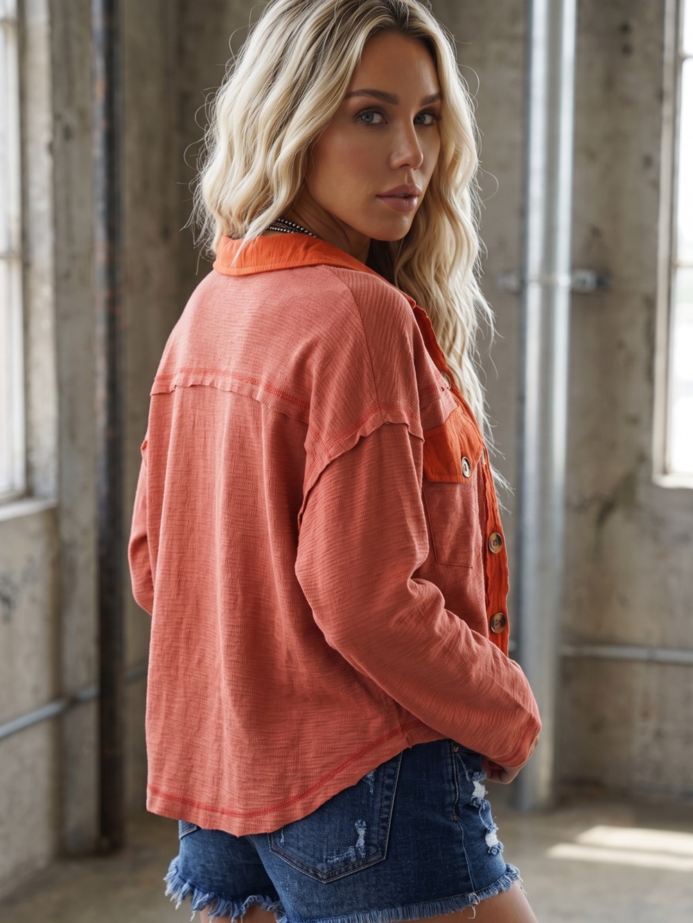 NWT Textured Button Up Collared Patch Pocket Top Brick - Picture 5 of 6